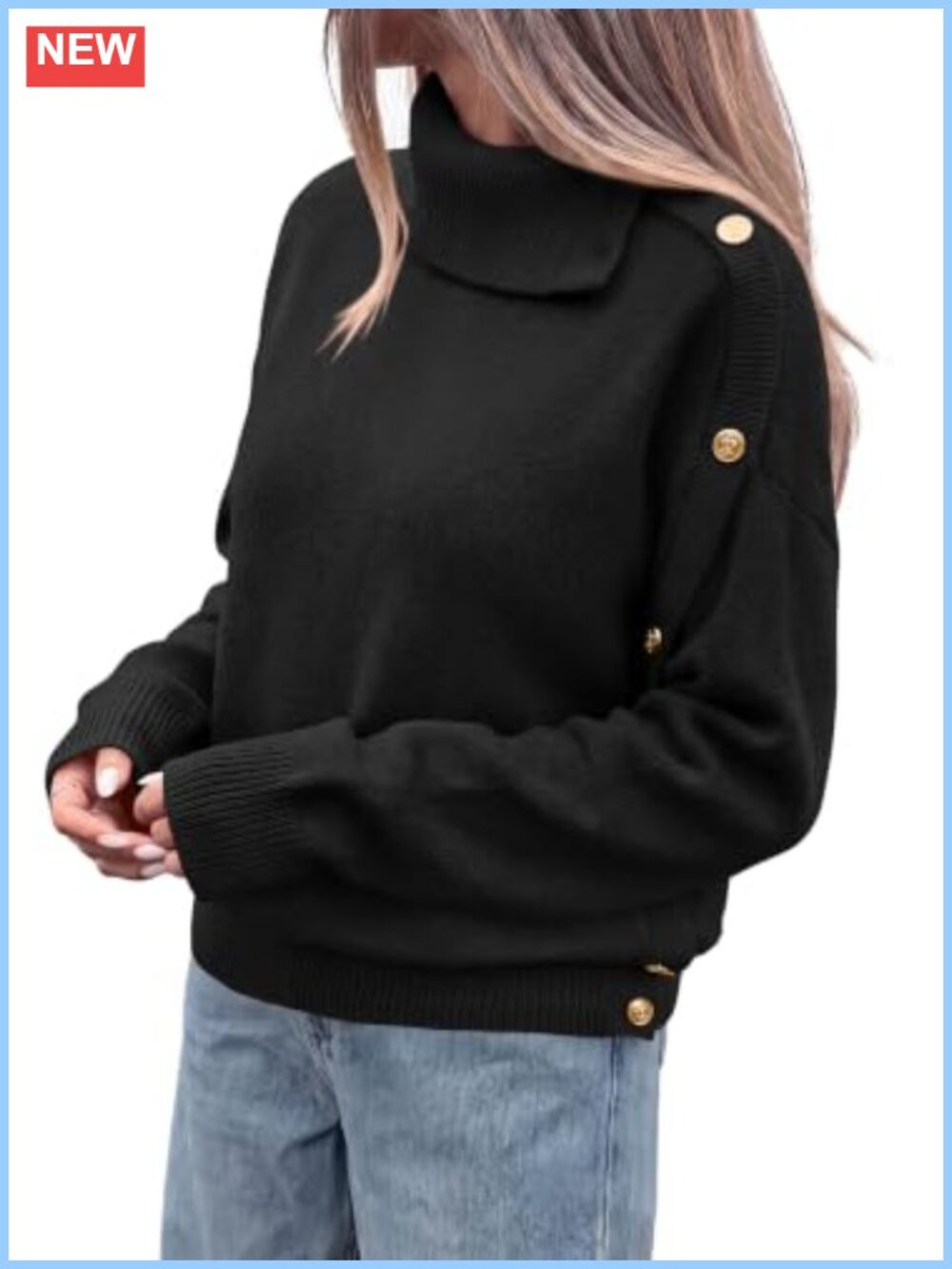 100% Acrylic Turtleneck Sweater Pullover Side Button Fall Winter